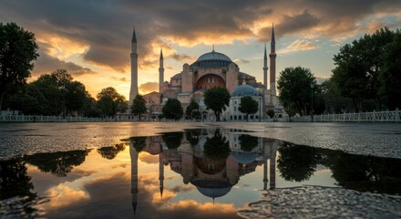 Reflection of Hagia Sophia in puddle after rain