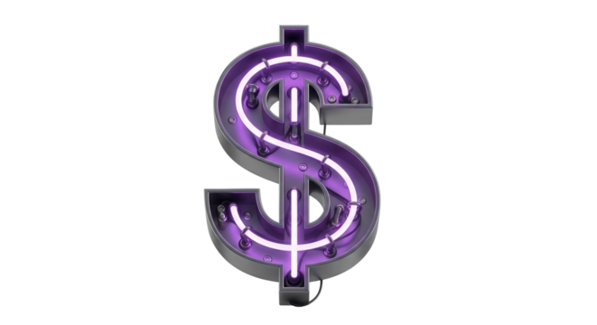 Illuminated purple neon dollar sign on black background