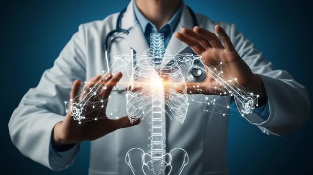 Innovative healthcare professional showcasing virtual skeletal structure technology with advanced