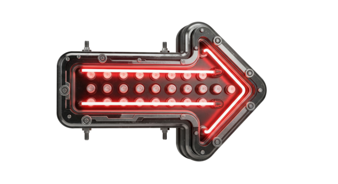 Illuminated metal arrow sign with red neon and circular lights