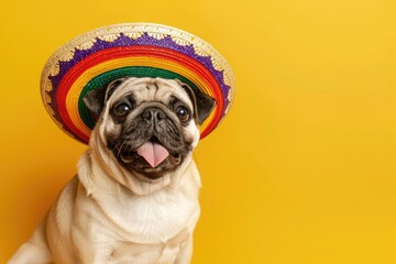 Pug wears sombrero on yellow. Bright backdrop adds humor for social media posts, Cinco de Mayo, pet product ads, funny animal memes, and festive backgrounds.