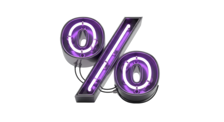Illuminated purple neon percentage sign on black background