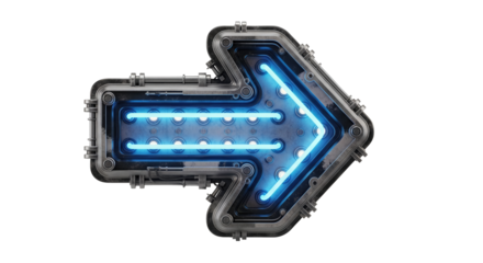 Illuminated right arrow with metallic frame and blue neon lights