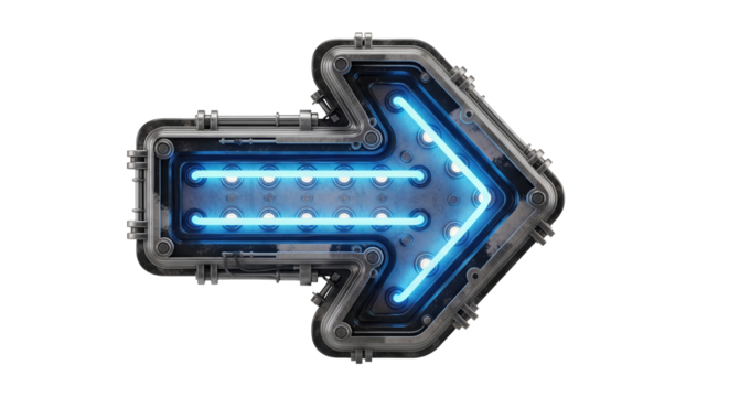 Illuminated right arrow with metallic frame and blue neon lights