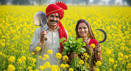 joyful Indian farmer couple standing in a blooming mustard field both wearing traditional attire and holding farming tools