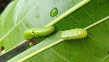 Green Caterpillar with Segmented Body Isolated on Leaf Background for Insect Object and Larva Concept © Artbi