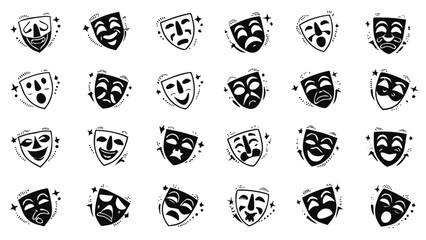 A dramatic collection of cartoon faces inspired by comedy and tragedy masks. Each face shows strong emotions like laughter, crying, anger, and surprise.