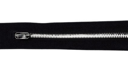 Horizontal view of a closed silver metal zipper on png black fabric with a slider fastener
