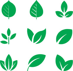 Green leaf glyph icon set – includes eco, nature, plant, and organic growth symbols. Environmental sustainability vector illustration.