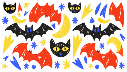 Punk cartoon doodle sticker collection with pencil rough texture. Hand drawn colorful vector tattoo illustrations. Funky black cats, rock'n'roll skulls, mystical eyes.