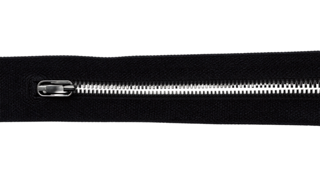 Horizontal view of a closed silver metal zipper on png black fabric with a slider fastener