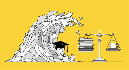 An illustration depicting a student overwhelmed by paperwork and stress, contrasted with a balanced scale representing work-life balance and mental health.