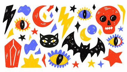 Punk cartoon doodle sticker collection with pencil rough texture. Hand drawn colorful vector tattoo illustrations. Funky black cats, rock'n'roll skulls, mystical eyes.