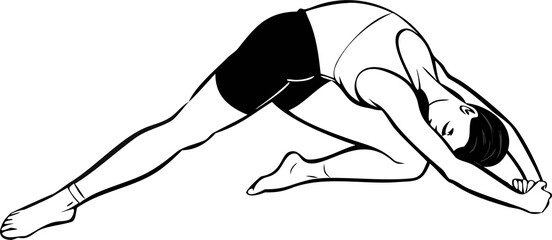 Woman's deep forward bend yoga pose with wide legs monochrome line art