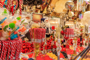 Christmas market stall with different sweets in Montreux, Switzerland