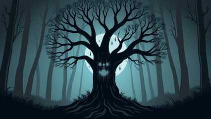 Spooky, eerie tree with face stands in dark, misty forest under full moon, creating haunting atmosphere. twisted branches and shadowy background enhance mysterious vibe