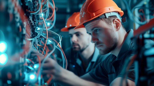 electrician and engineer work on an electrical circuit with many cables for communication and data transfer