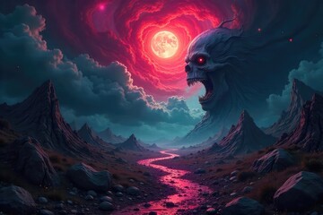 A terrifying, surreal dreamscape unfolds, filled with distorted shapes and unsettling shadows, a nightmarish vision of the subconscious , insomnia, confusion, psychological