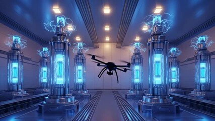 A drone flies through a futuristic glowing energy lab with advanced technology. - Powered by Adobe