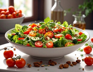 Fresh, vibrant salad bowl with tomatoes, greens, and nuts