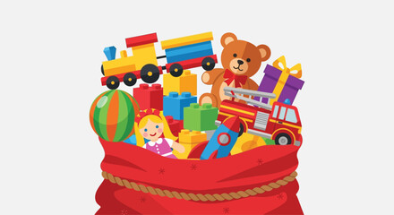 Obraz premium A vibrant illustration of a red sack overflowing with various colorful toys, perfect for children.