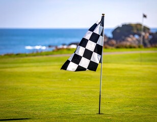 A close-up of a checkerboard flag on a golf course, with the ocean in the background and another flag