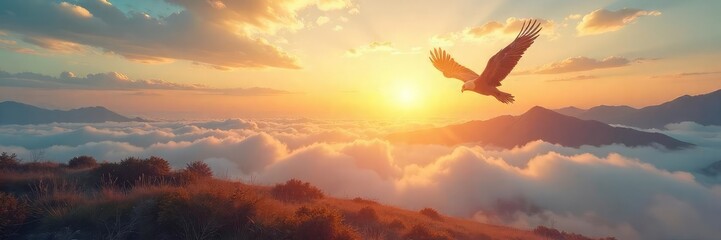 A triumphant bird soaring high above a vast, open landscape, symbolizing the achievement of freedom and victory , strength, achievement