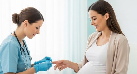 Female doctor in blue scrubs explains NIPT to pregnant woman during consultation. Perfect for pregnancy, healthcare, and maternal health content. Ideal for websites