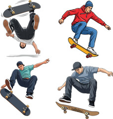 Dynamic vector illustrations capturing young men performing energetic skateboarding tricks, showcasing the thrilling action, movement, and urban sports culture