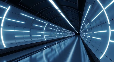 Futuristic Tunnel with Glowing Blue Neon Rings and Reflective Floor, Perspective View.