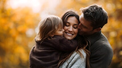 Fototapeta premium A loving family parents embracing their child outdoors amidst warm autumn foliage
