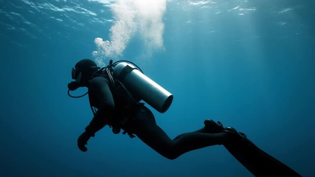 Underwater video scene of a scuba diver in silhouette, captured from a side angle, with bubbles rising in a deep blue ocean setting.