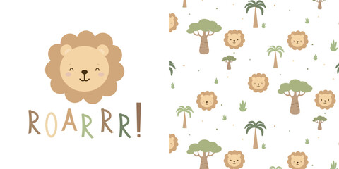 A cute lion cub with the inscription Roar. Vector seamless pattern and print for clothing.
