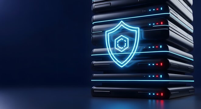 Stack of Servers with Glowing Shield Icon data center