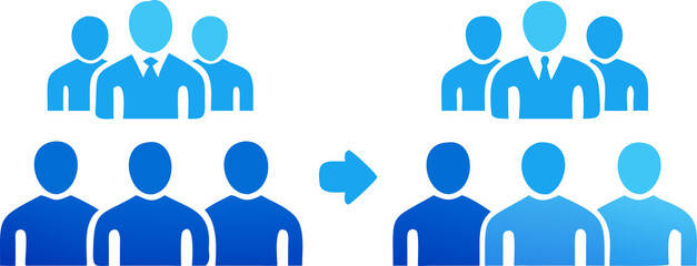 Obraz premium Six stylized human figures divided into two groups with a connecting arrow symbol
