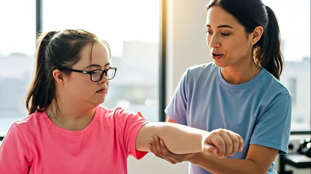 A physical therapist helps a young woman with Down syndrome with arm exercises. A supportive caregiver assists a patient during a rehabilitation session. Healthcare and special needs concept