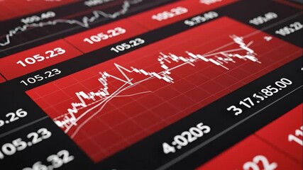 Red stock market chart showing a financial downturn. Animated trading graph with fluctuating data on a digital screen. Economic crisis and investment risk concept - Powered by Adobe