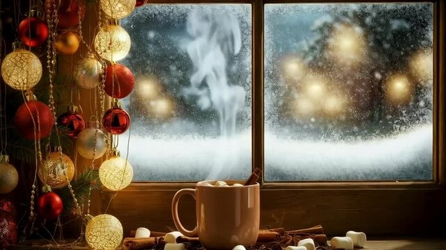  Charming winter scene with snow falling, captured from a window. Warm lights glow from windows, Christmas background with falling snow and holiday toys. Copy space, free space for text. New Year