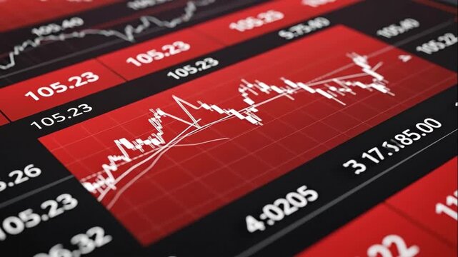 Red stock market chart showing a financial downturn. Animated trading graph with fluctuating data on a digital screen. Economic crisis and investment risk concept