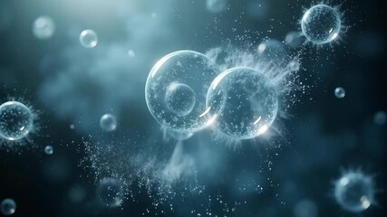 Mesmerizing animation of cells dividing and multiplying in a dark blue environment, perfect for scientific presentations and medical research visuals - Powered by Adobe