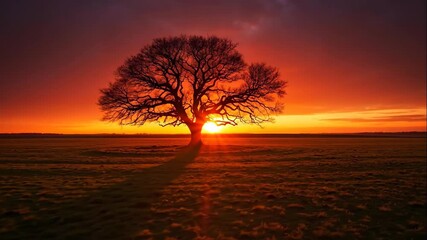 A solitary tree silhouetted against a dramatic sunset. Time-lapse of a vibrant red and orange sky over a rural field. The beauty of nature and solitude - Powered by Adobe