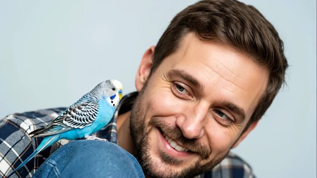 A smiling young man looks at his pet blue budgerigar. A cute parakeet perched on its owner's knee. Human and animal friendship and companionship concept
