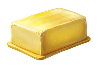 Illustration of a golden block of butter on a yellow butter dish, isolated on transparent background