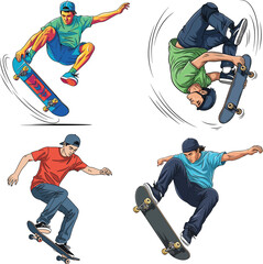 Skateboarders in Action Dynamic Illustrations of Skateboarding Tricks and Freestyle Moves