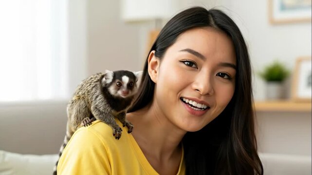 A happy young Asian woman smiling with a cute pet marmoset monkey on her shoulder. Portrait of a person with an exotic animal at home. Human-animal bond and companionship concept