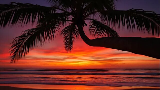 Silhouetted palm tree on a tropical beach at sunset. Vibrant red and purple sky over the ocean waves. Relaxing vacation background with slow zoom motion