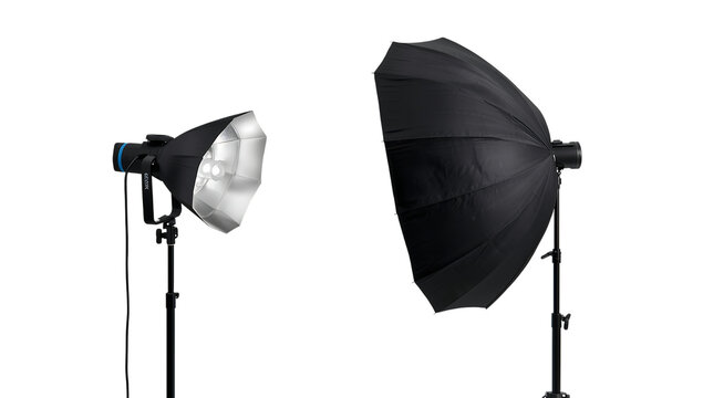 Studio Photography Lighting Equipment with Softbox and Umbrella on png Black Background strobe