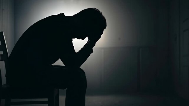 Silhouette of a depressed man sitting on a chair in a dark room. A lonely person suffering from grief and stress. Mental health and despair concept