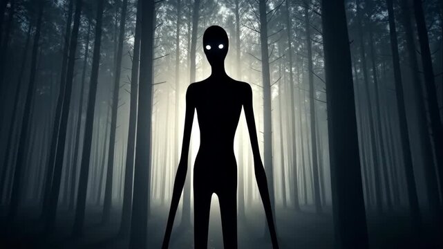 A scary monster silhouette with glowing eyes in a dark forest. Slow zoom on a creepy humanoid creature in foggy woods. Horror and supernatural concept