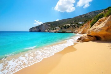 Sun-drenched beach in Mallorca, turquoise water laps the golden sand, vibrant summer scene Perfect for travel and holiday brochures, postcards, or websites , sunlight, summer vacation